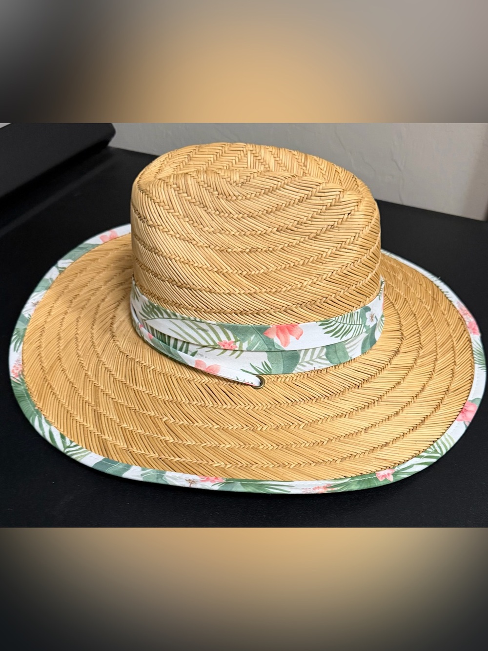 O’Rageous Wide-Brim Straw Lifeguard Hat with Floral Trim - Natural